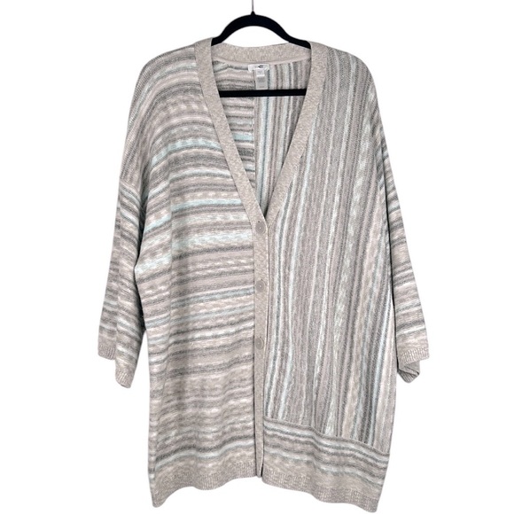 J. Jill Cotton Gray Green White Stripe Knit Oversized Button Down Cardigan Large - Picture 1 of 5